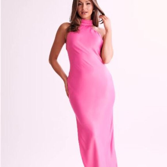 Meshki Satin Drape Back Maxi Dress with Split - Pink / XS - Picture 3 of 12